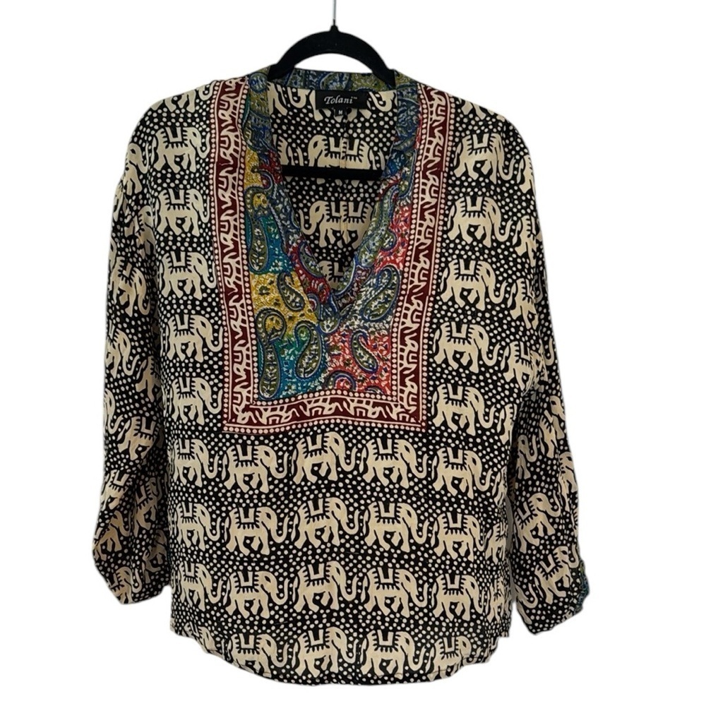 Tolani Elephant Print 100% Silk Boho blouse, Top shirt Black Cream multicolor M